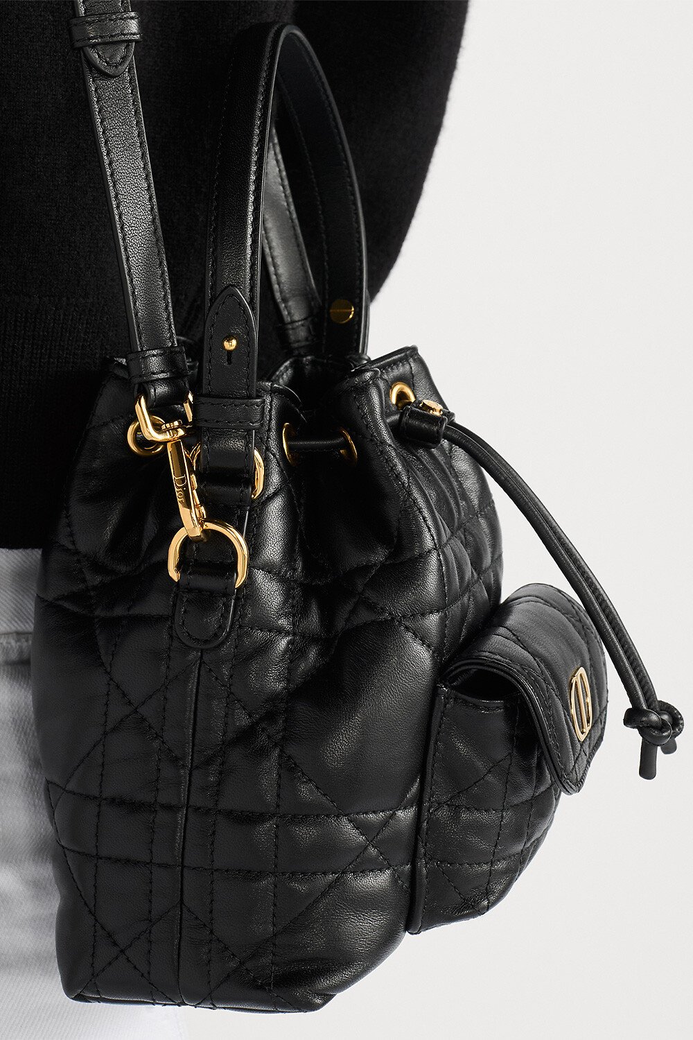 Mini Dior Caro Bucket Bag Black Macrocannage Lambskin 