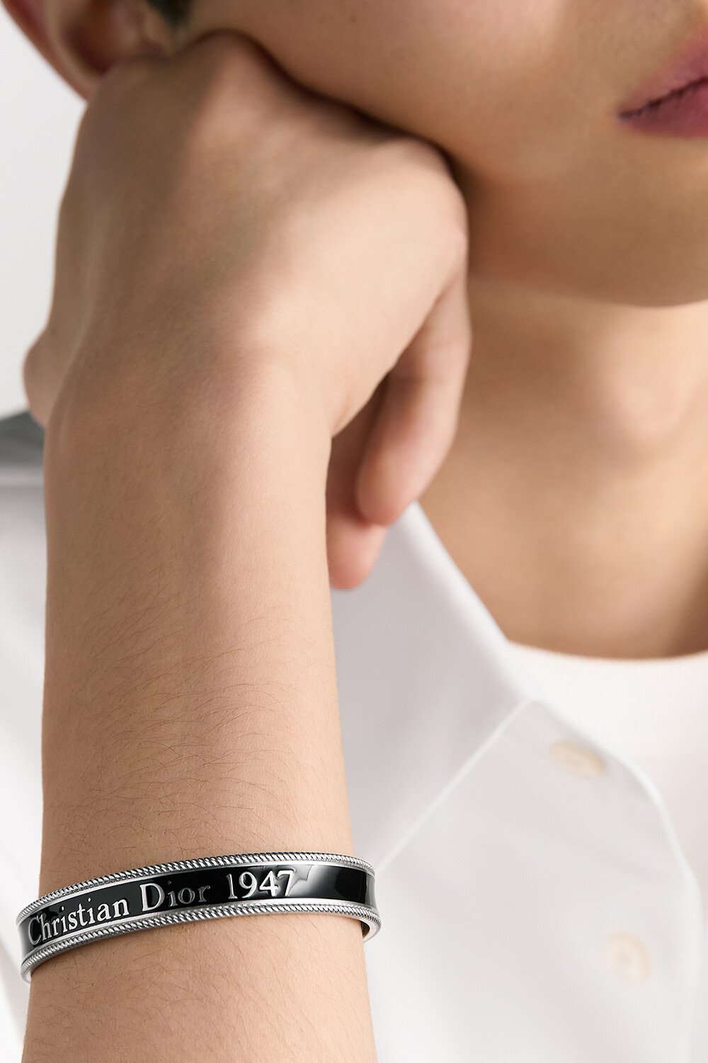 Dior Black Star Bangle Silver-Finish Brass and Black Resin 