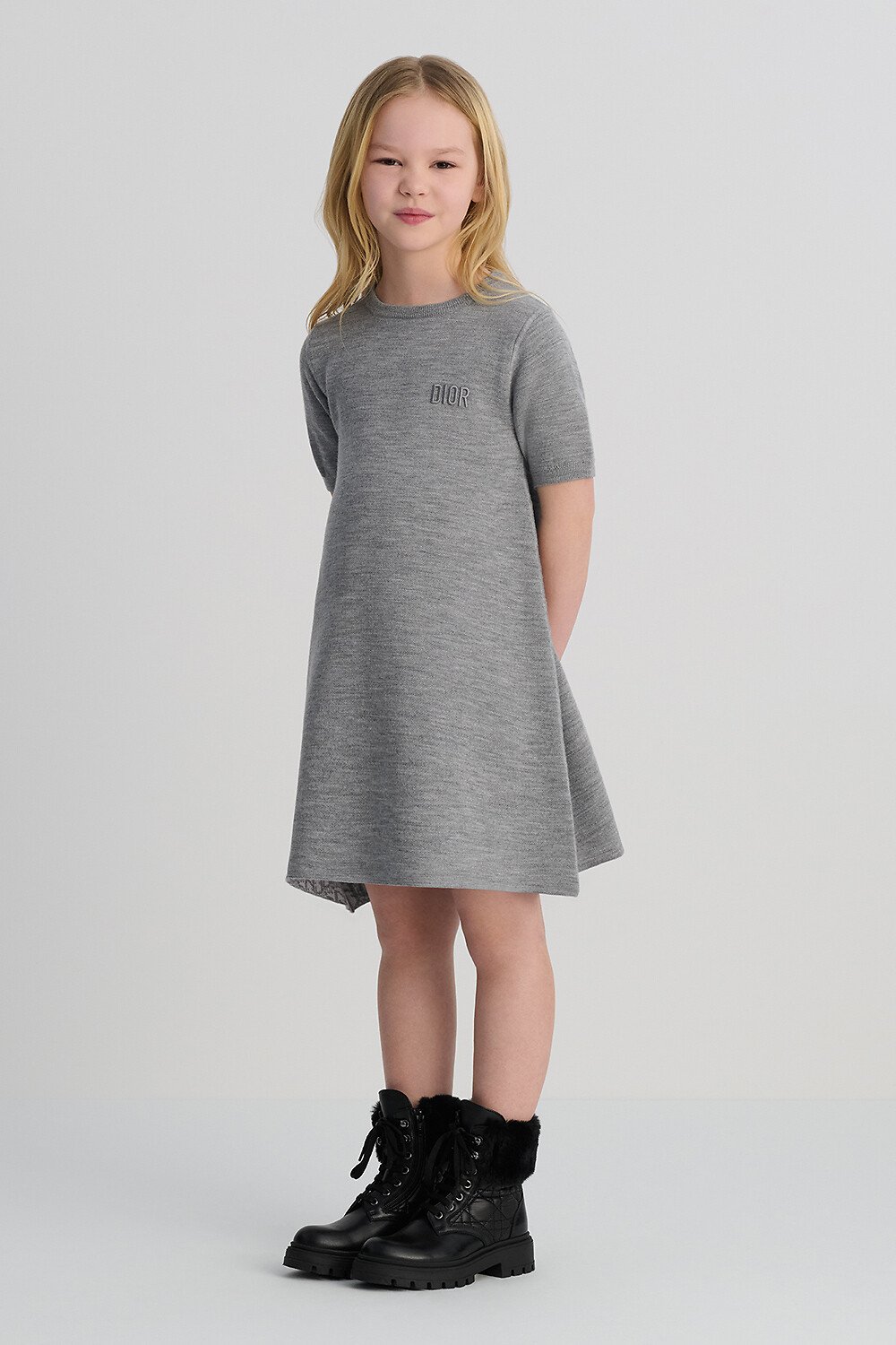 Omkeerbare jurk in A-lijn voor kinderen Grijze gebreide wol en Dior Oblique-jacquard 