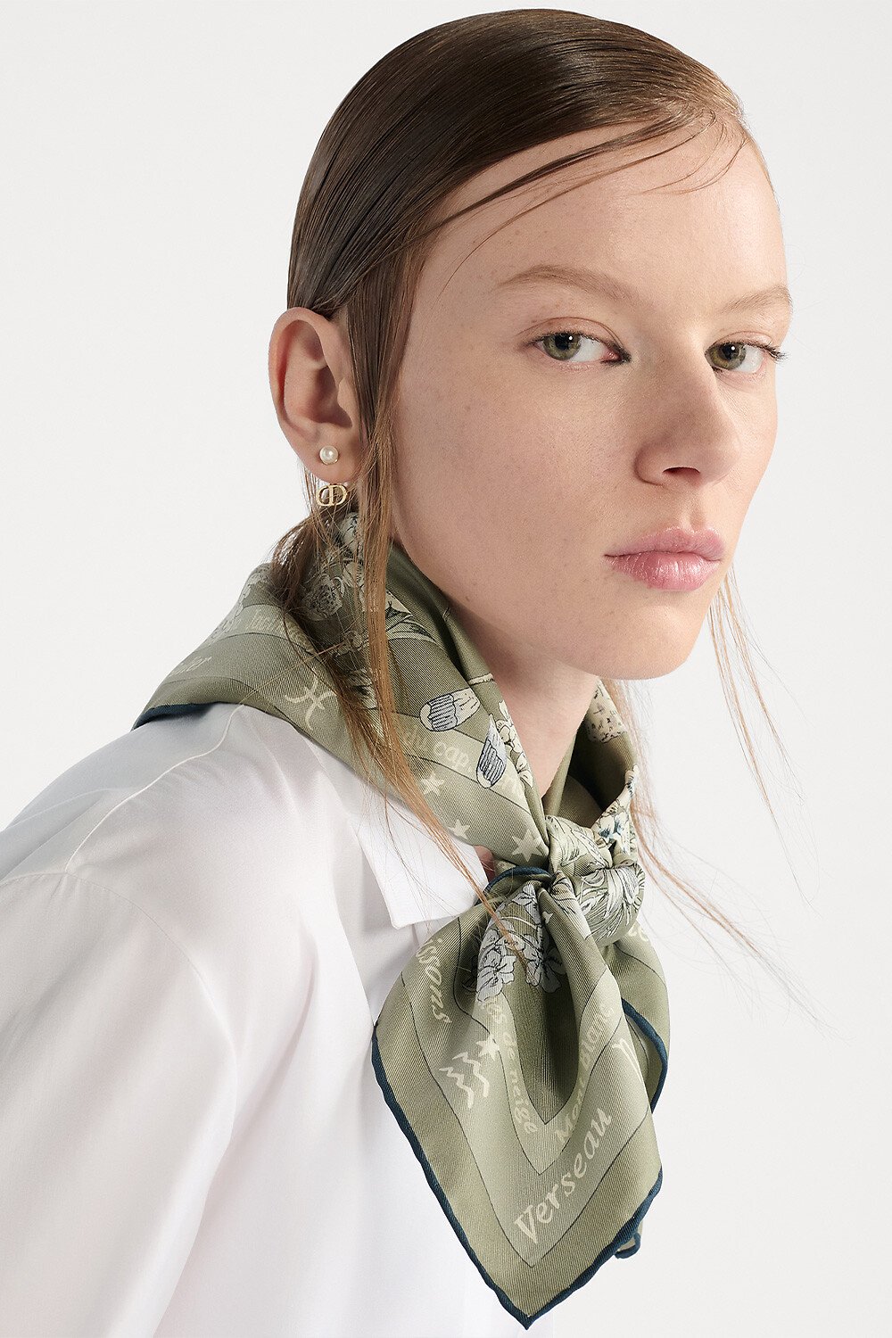 Dior Zodiac Flowers 70 Square Scarf Khaki Multicolor Silk Twill