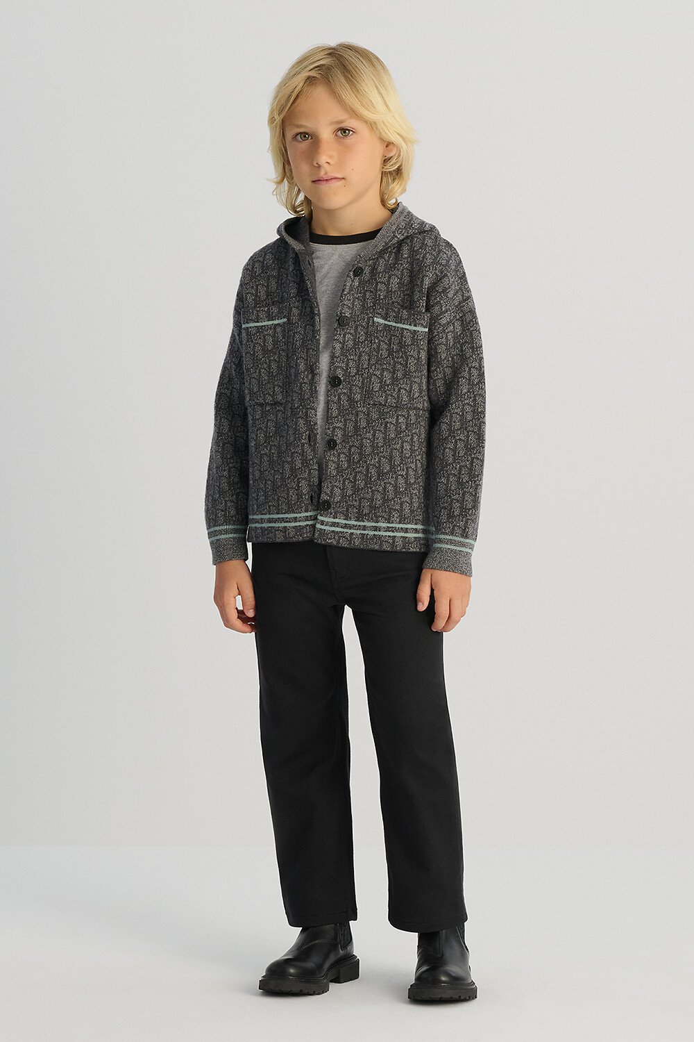 Kids' Cardigan Gray Punto Milano Wool Knit with Dior Oblique Jacquard 