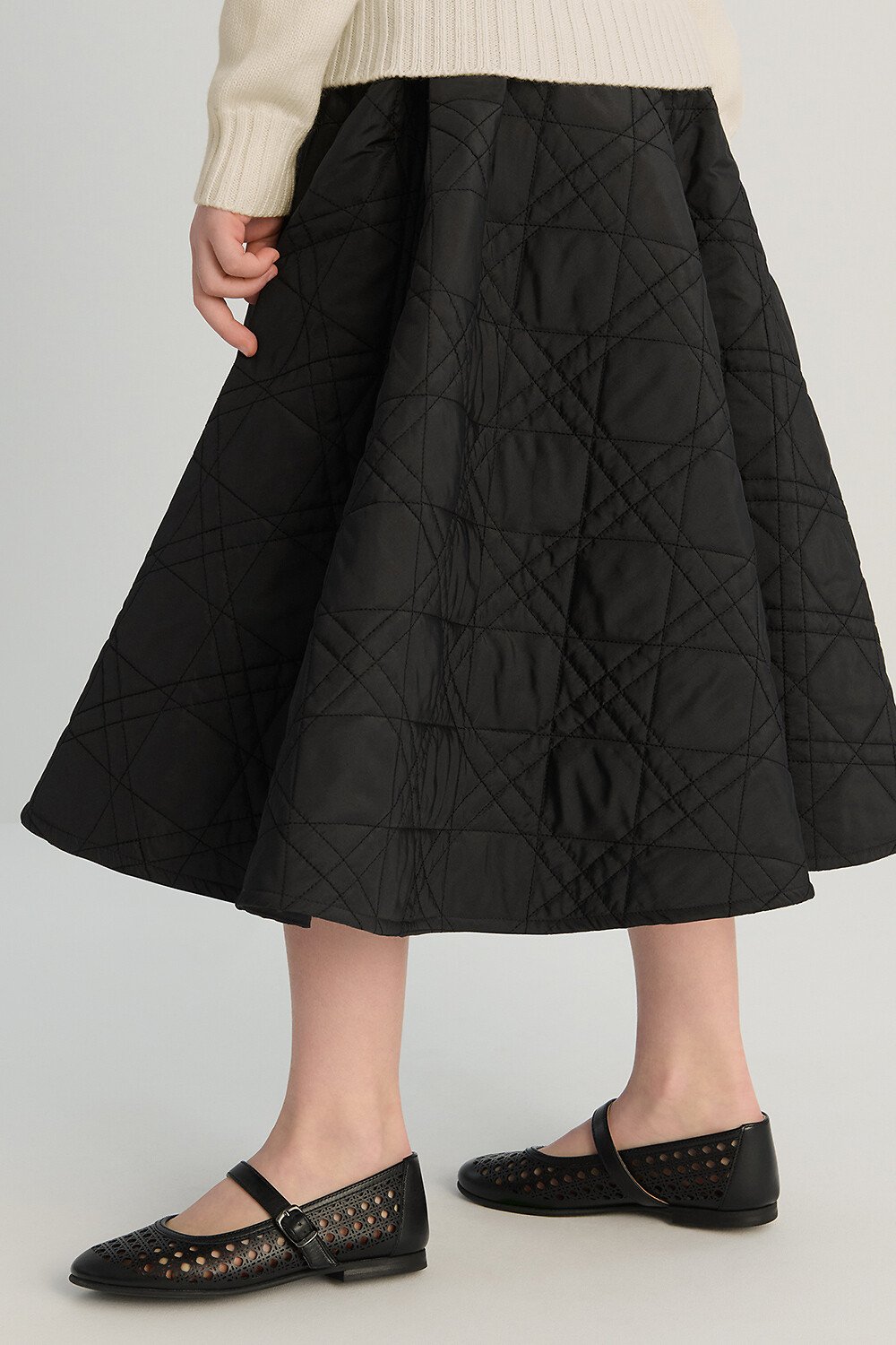 Kids' Ballet Flat Black Openwork Cannage Calfskin 