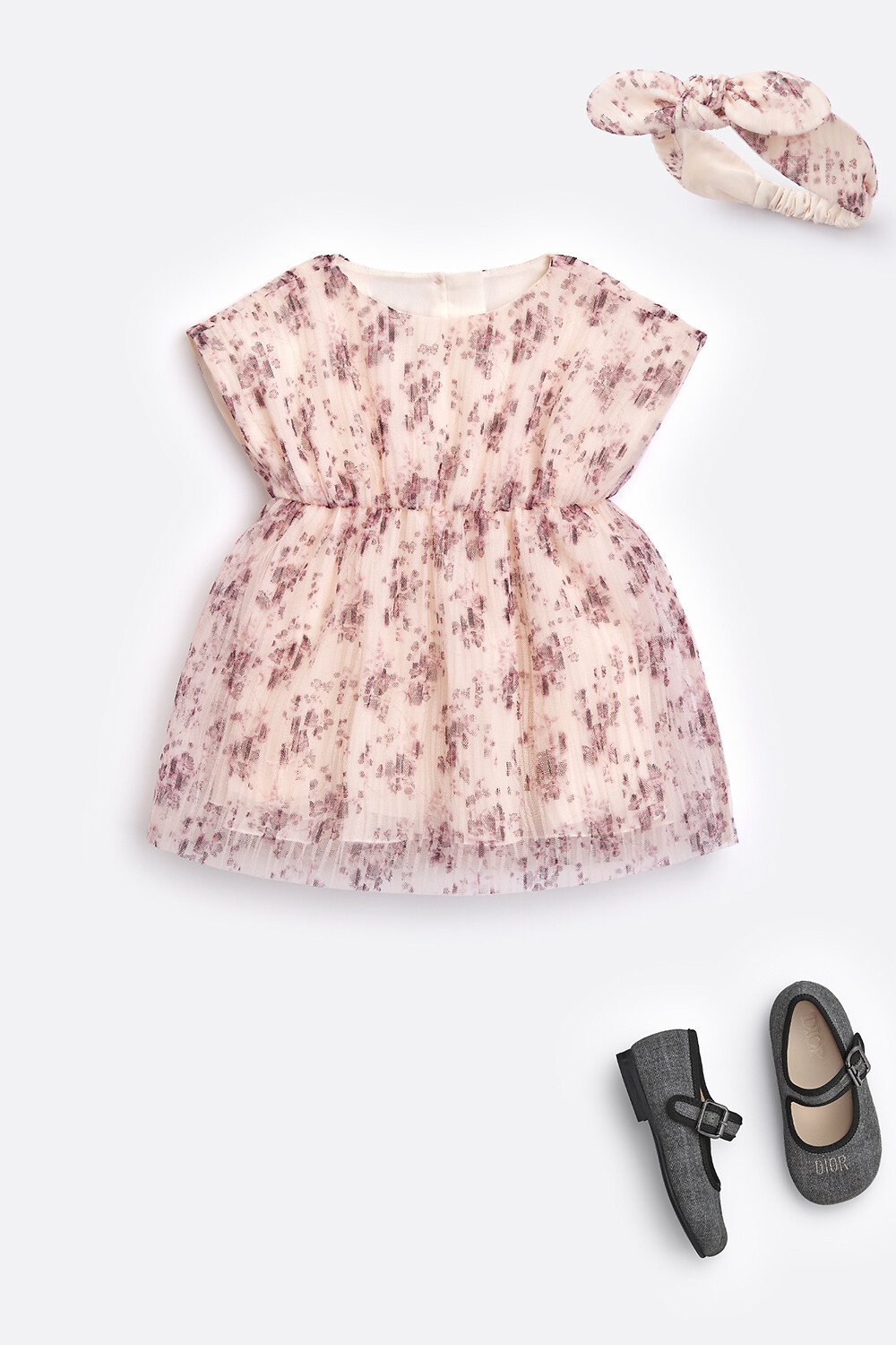 Robe évasée cintrée bébé Tulle plissé rose pâle à motif floral saisonnier bordeaux 