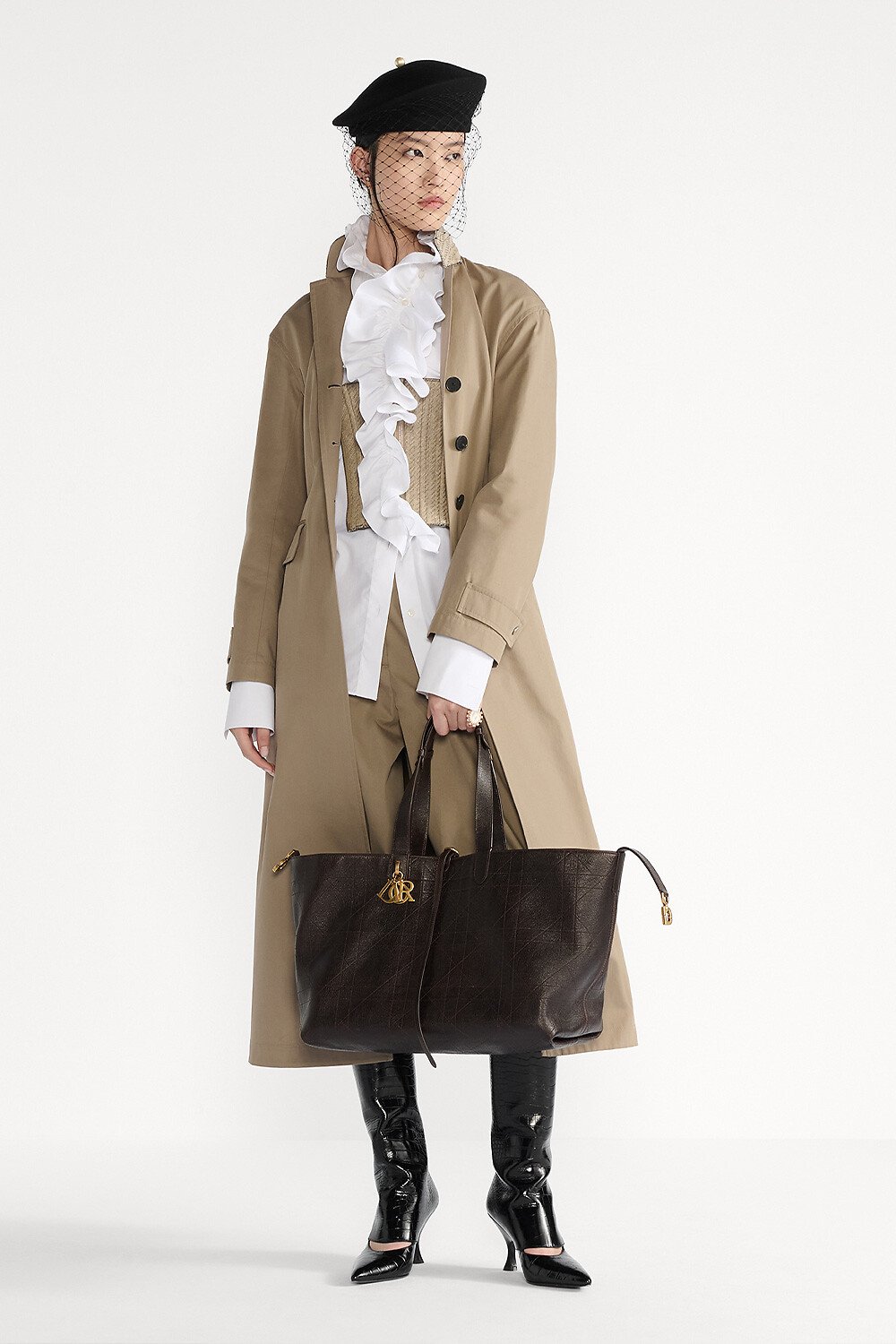 Large Dior Toujours Bag Chocolate Brown Flat Macrocannage Shiny Grained Calfskin 