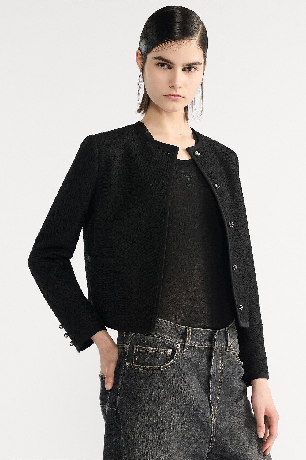 Cropped Jacket Black Virgin Wool- and Cotton-Blend Bouclé 