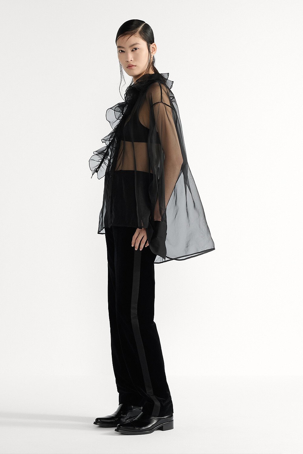 Transparent Blouse with Removable Ruched Collar Black Silk Organza 