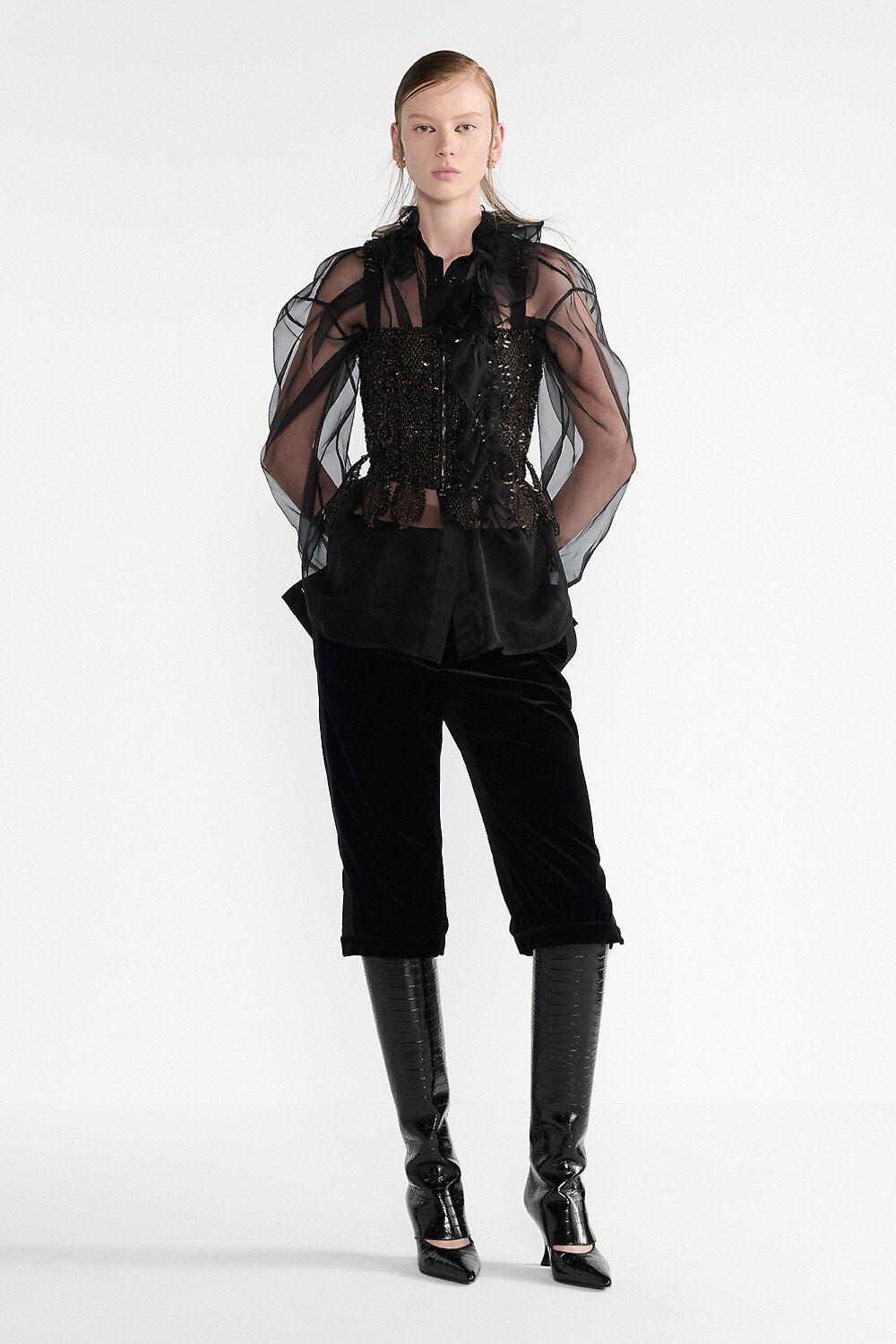 시스루 블라우스 & 탈착식 루싱 칼라 블랙 실크 오간자 