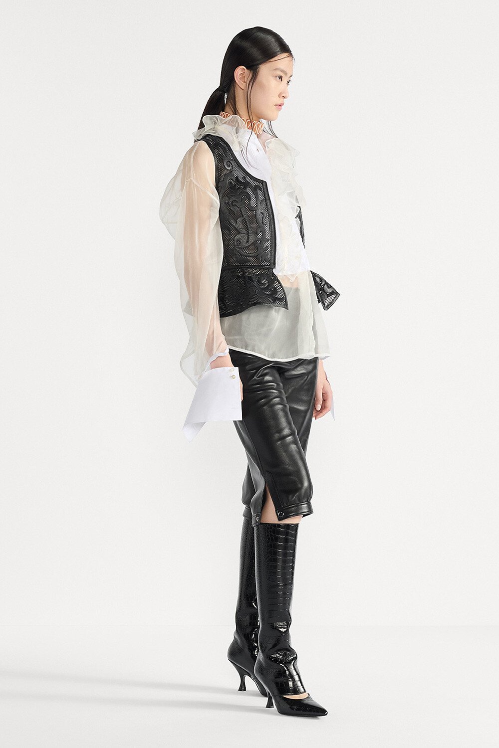 プラストロン & ルーシュカラー付き トランスペアレント ブラウス シルクオーガンジー 