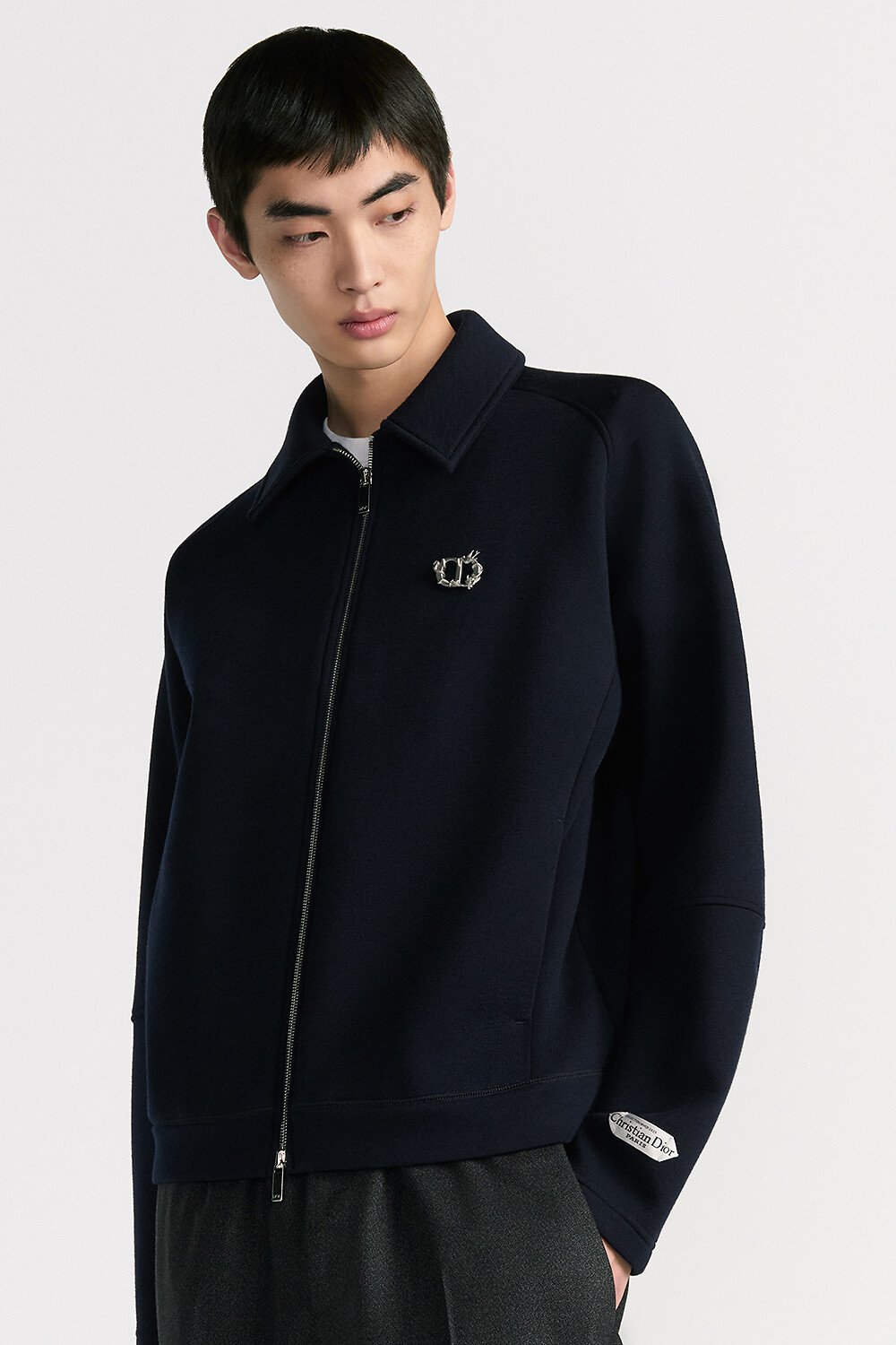 拉链短夹克 海军蓝色绵羊毛混纺平纹针织面料 Christian Dior Paris 标签 