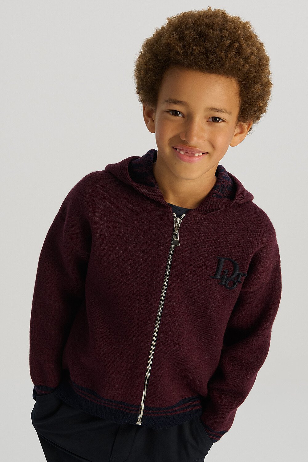 儿童双面连帽拉链开衫 酒红色绵羊毛针织面料酒红色和海军蓝色 Oblique 印花 