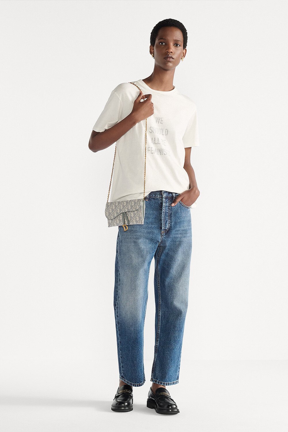 Saddle 小型附鏈帶手拿包 灰色 Dior Oblique 緹花 