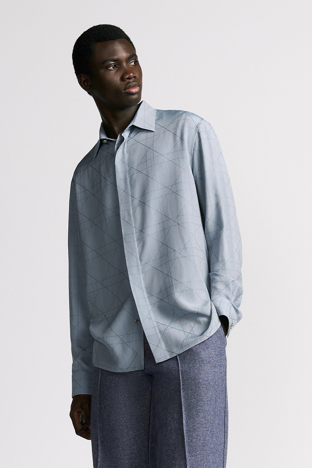 Dior Icons Cannage 藤格紋圖案恤衫 藍色絲綢混紡 