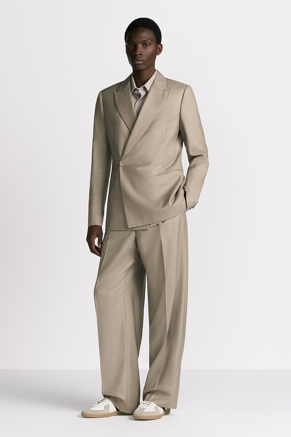 Dior Icons 斜襟单西 米色山羊绒混纺斜纹面料 