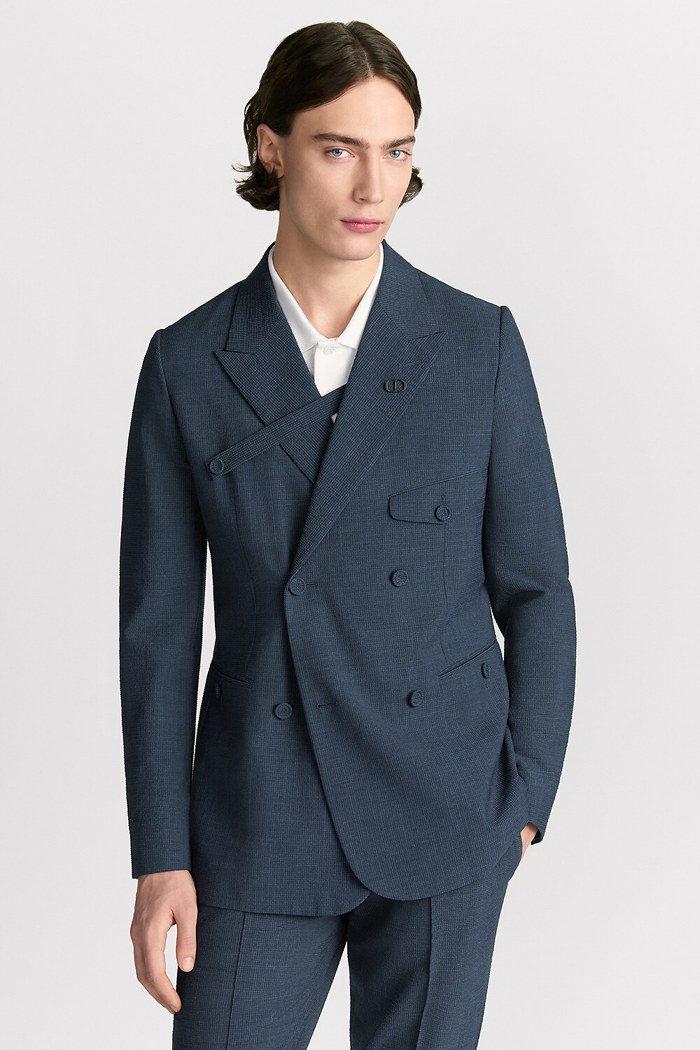 Double-Breasted Jacket with Buttoned Strap Blue Checkered Virgin Wool-Blend Seersucker