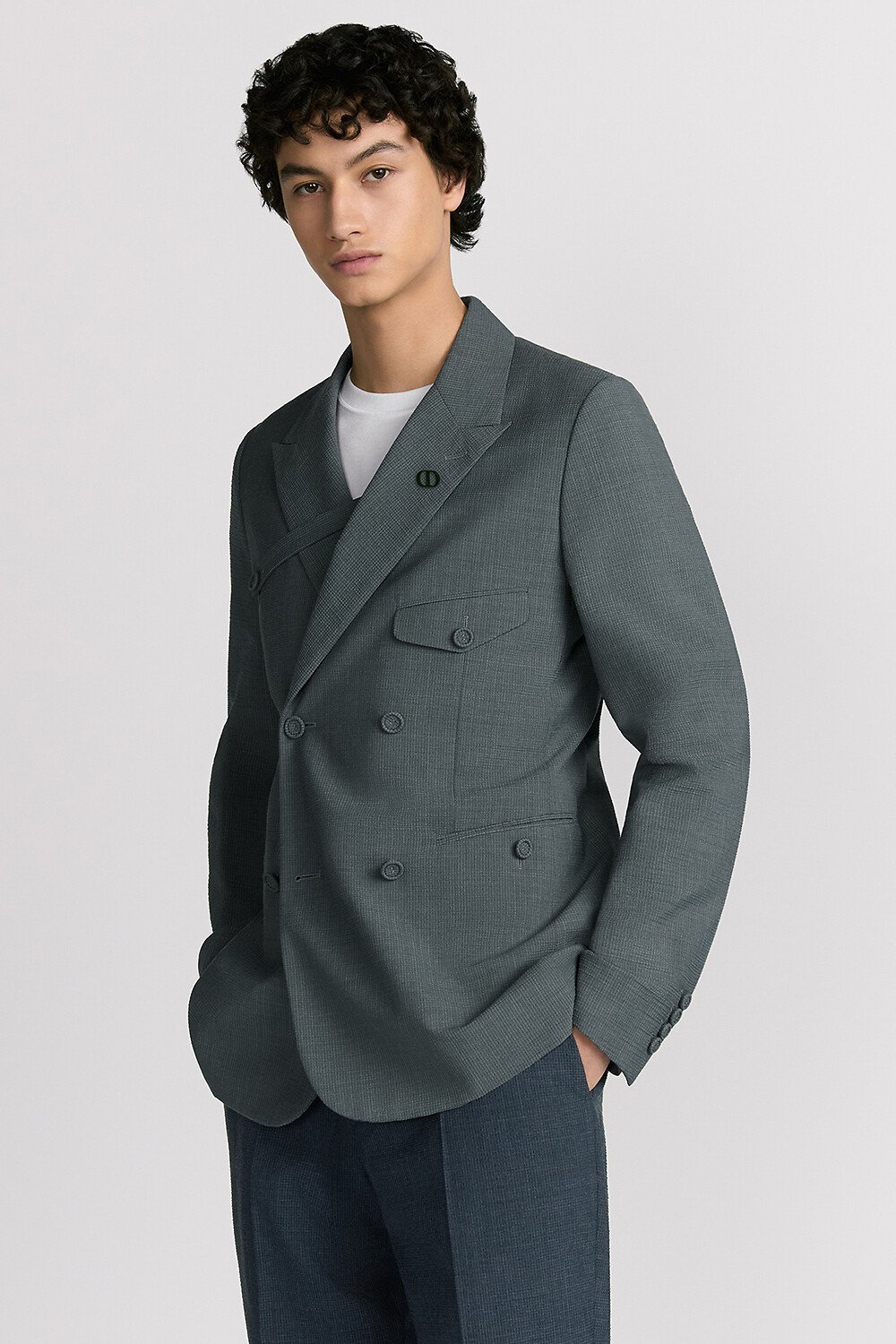 Veste croisée à strap boutonnée Seersucker de laine vierge mélangée grise à carreaux 