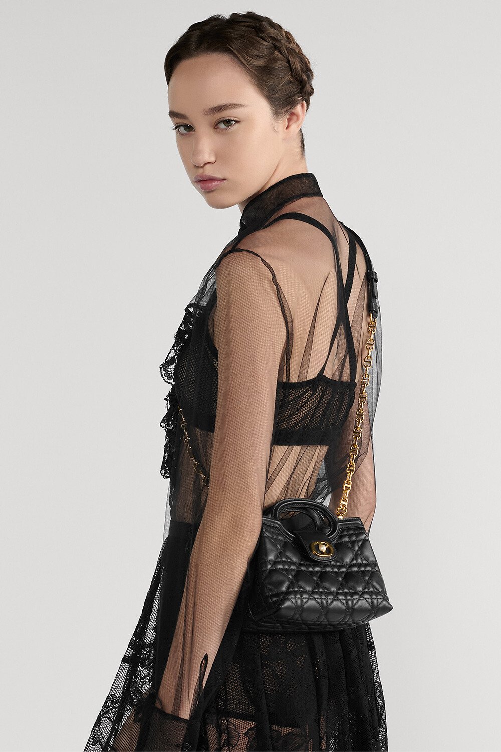 Dior Jolie Top Handle 迷你链条手袋 黑色羊皮革藤格纹 
