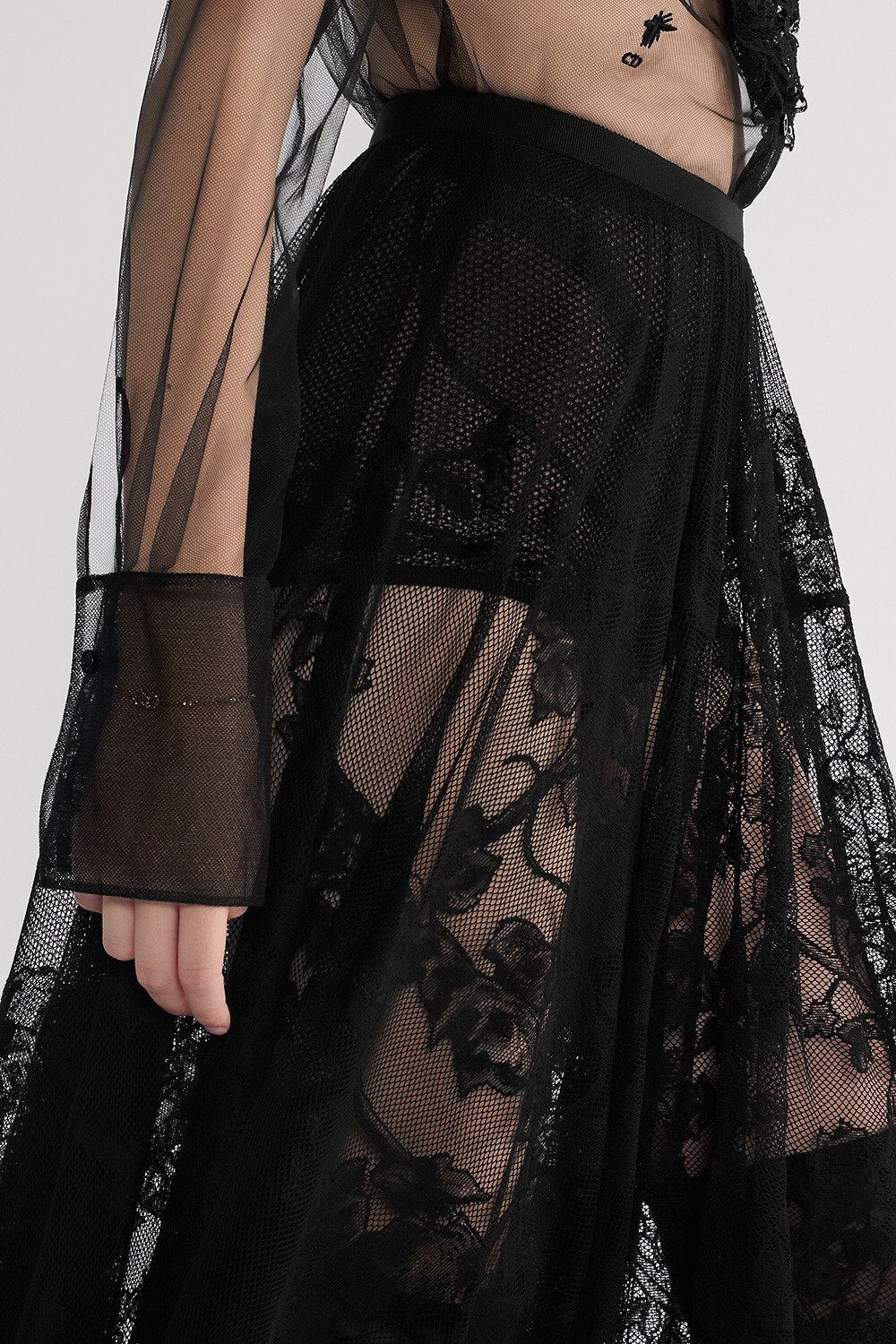 플레어 미디 스커트 블랙 Jardin D-Étoile 코튼 블렌드 레이스 