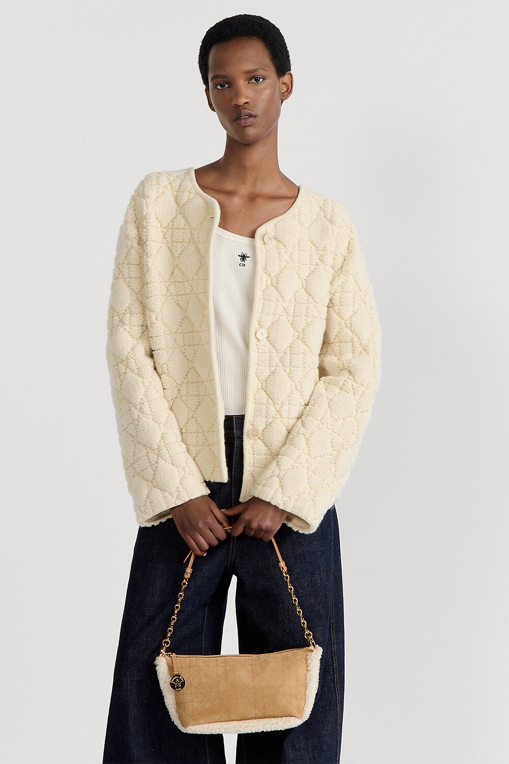 DiorAlps Diorstar 체인 호보백 베이지 매크로까나쥬 스웨이드 송아지 가죽 & 에크루 메리노 울 