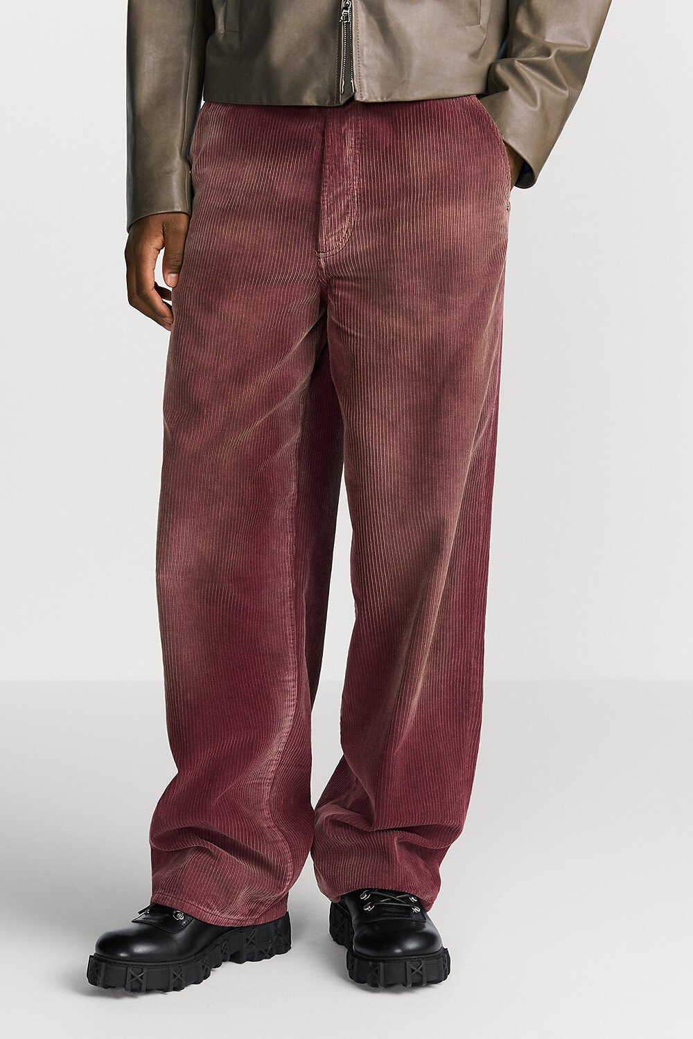 长裤 酒红色棉质灯芯绒 