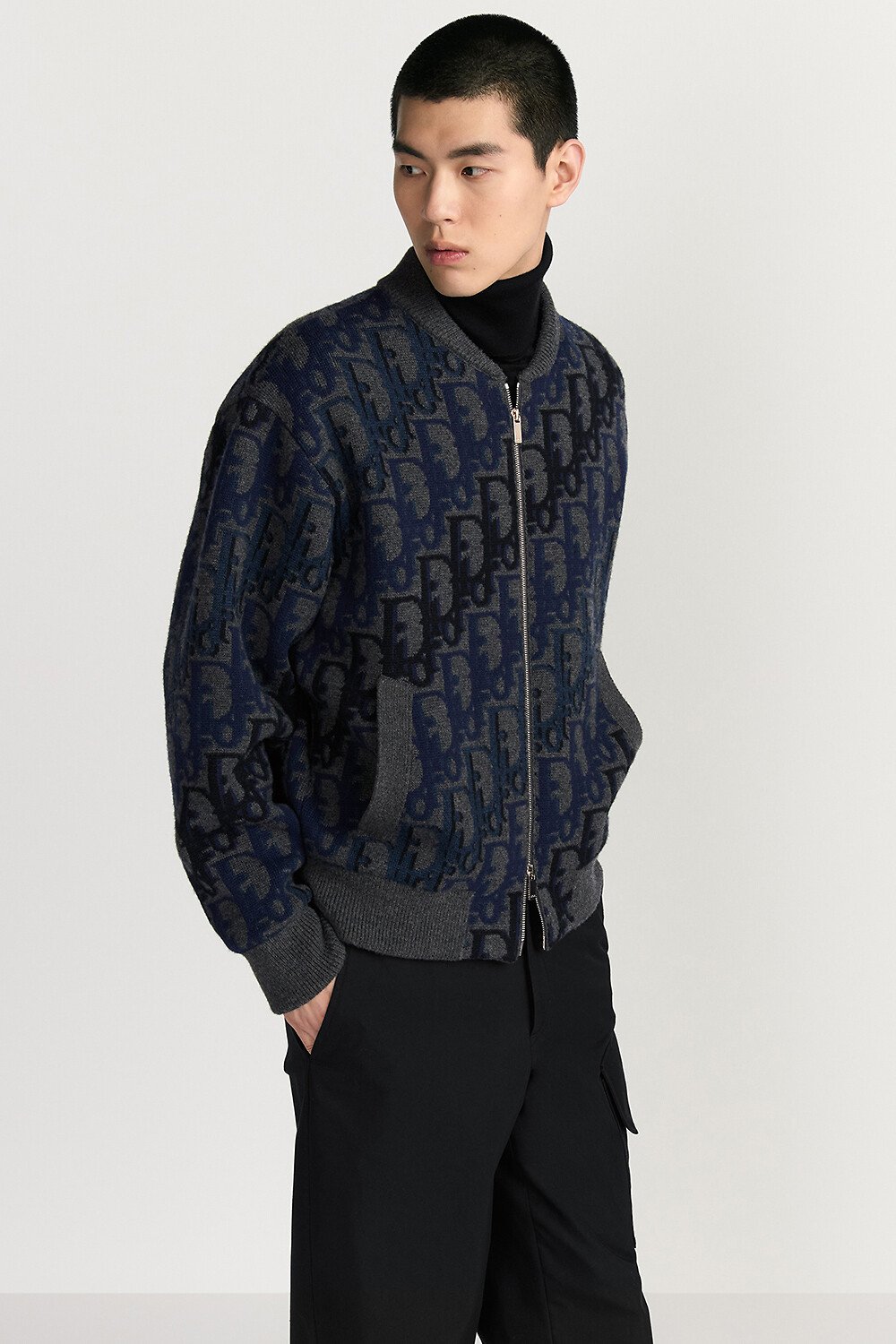 短夹克 灰色绵羊毛针织面料 Oblique 印花 