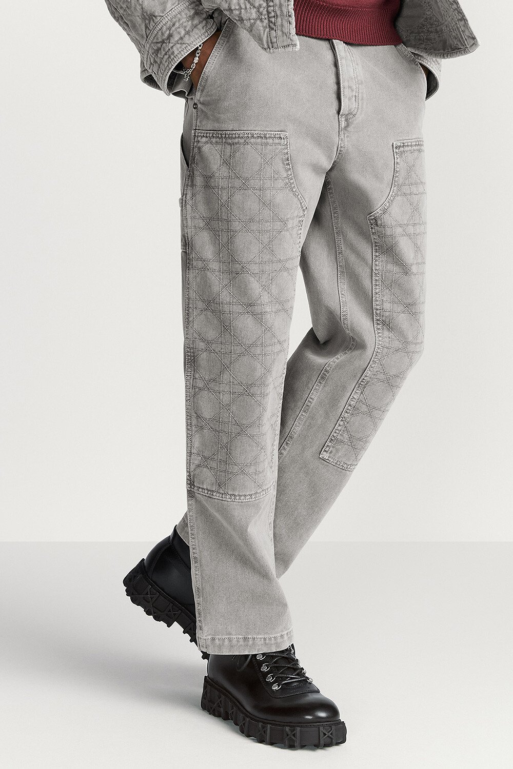 工装牛仔裤 灰色棉质斜纹面料藤格纹 