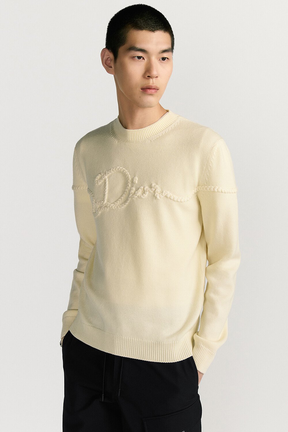 针织衫 白色绵羊毛平纹针织面料 Dior Ribbon 标志 