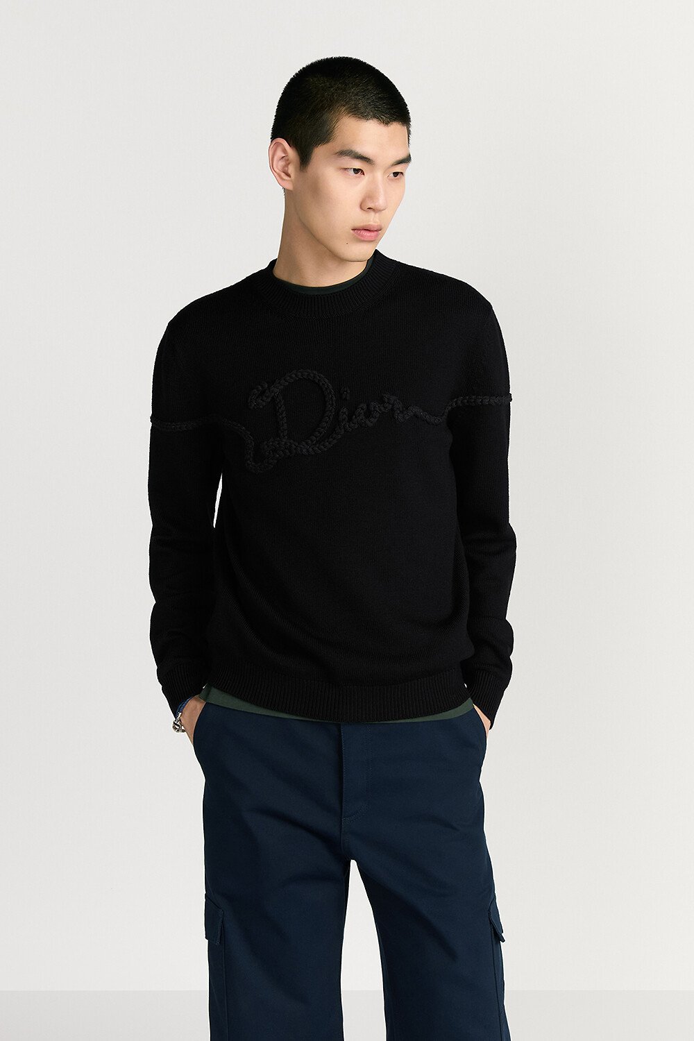 针织衫 黑色绵羊毛平纹针织面料 Dior Ribbon 标志 