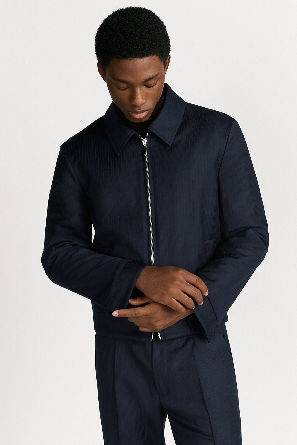 双面拉链夹克 蓝色绵羊毛面料条纹和藤格纹图案 