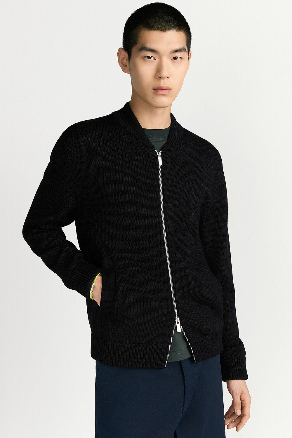 短夹克 黑色绵羊毛平纹针织面料 Dior Ribbon 标志 