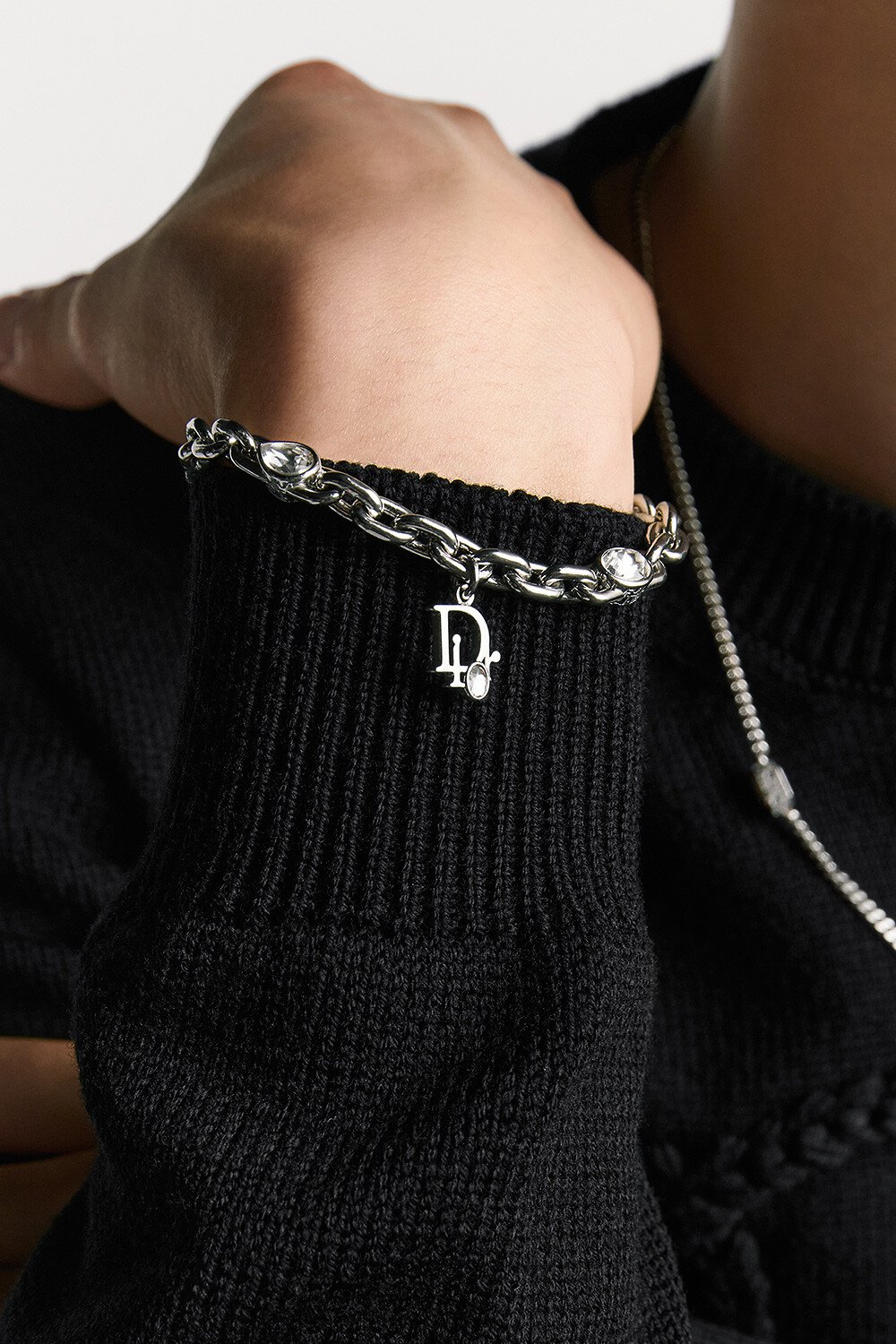 Dior Sparkle Chain Link Bracelet Silver-Finish Brass with White Crystals and Gray Resin 