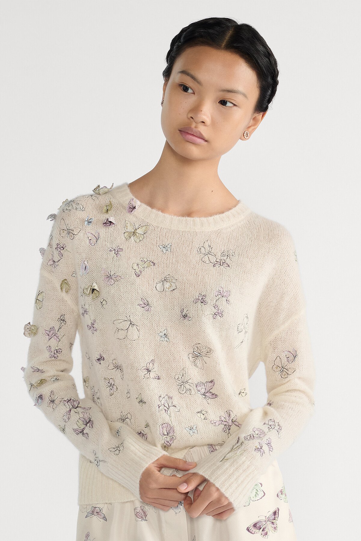 Embroidered Sweater White Alpaca, Cashmere and Silk Knit with Multicolor Butterflies & Iris Motif 