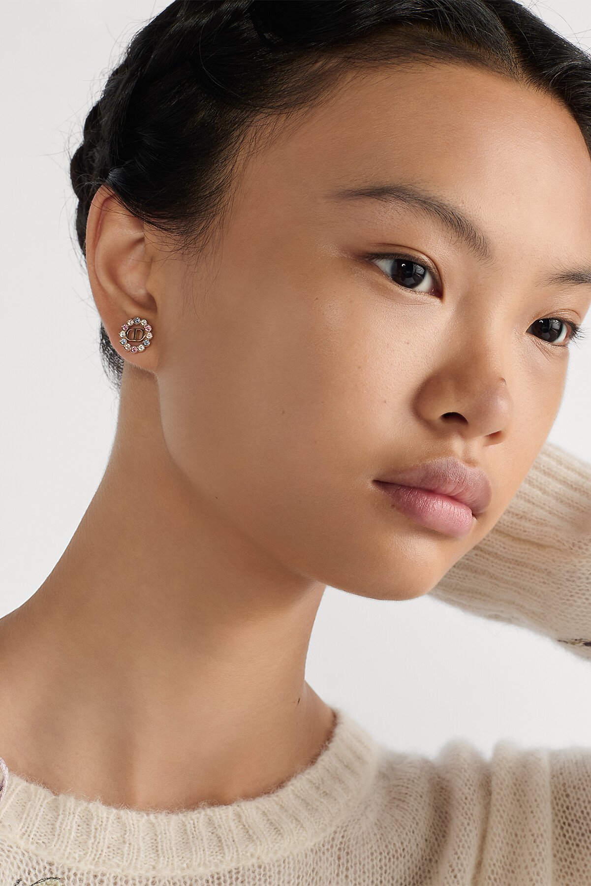 Petit CD Circle Stud Earrings Pale Gold-Finish Metal and Multicolor Crystals