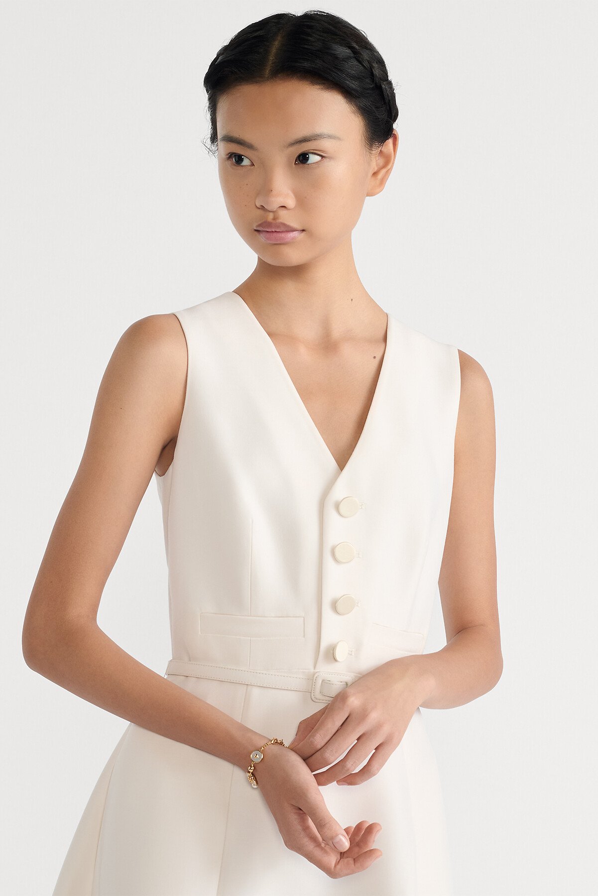 Abito midi svasato con cintura Shantung di lana e seta bianco 