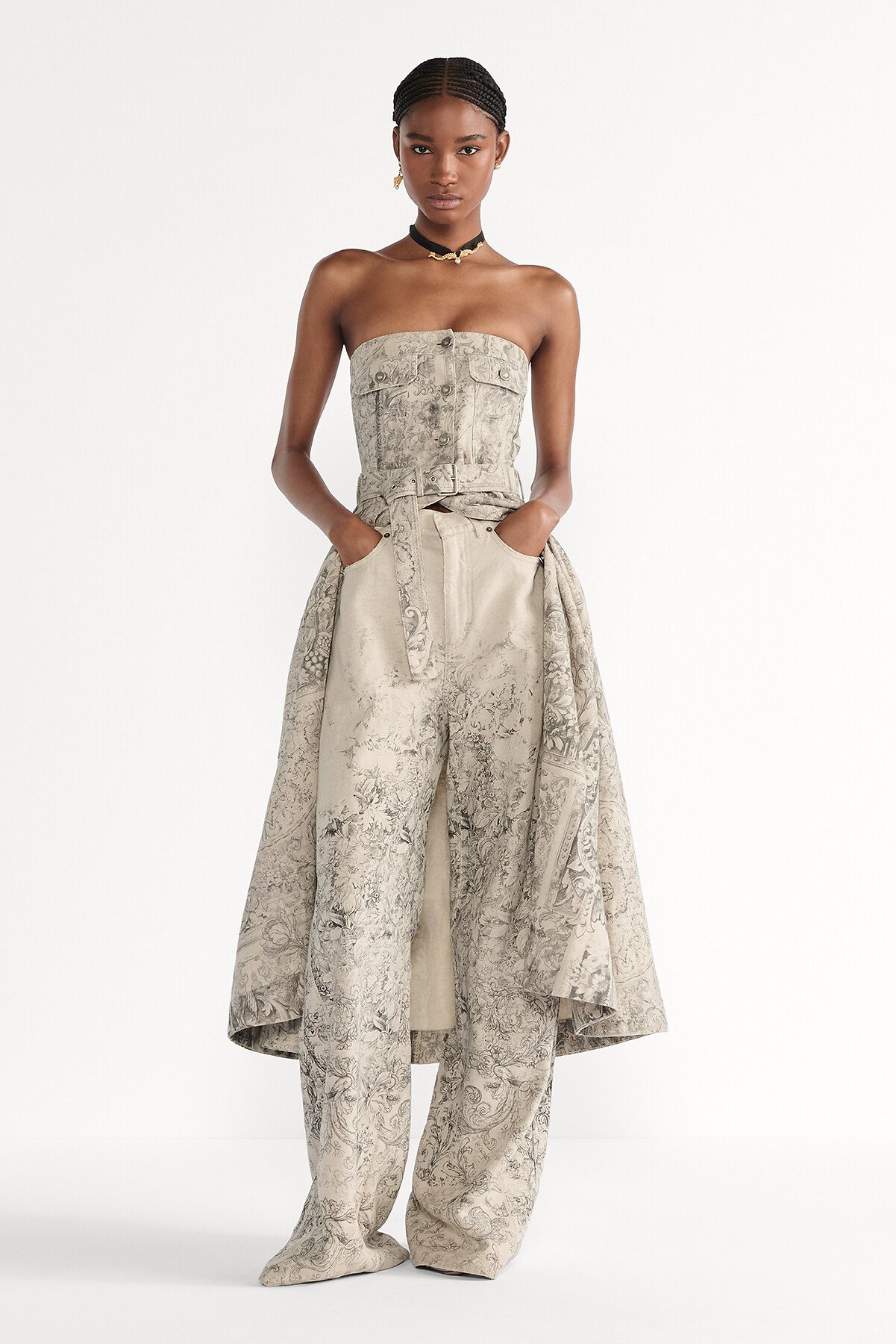 中长款紧身胸衣连衣裙 米色棉质和亚麻混纺牛仔面料 Dior Barocco 图案搭配腰带 