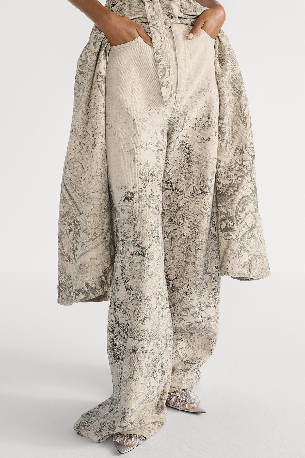 喇叭形牛仔裤 米色棉质和亚麻混纺牛仔布 Dior Barocco 图案 