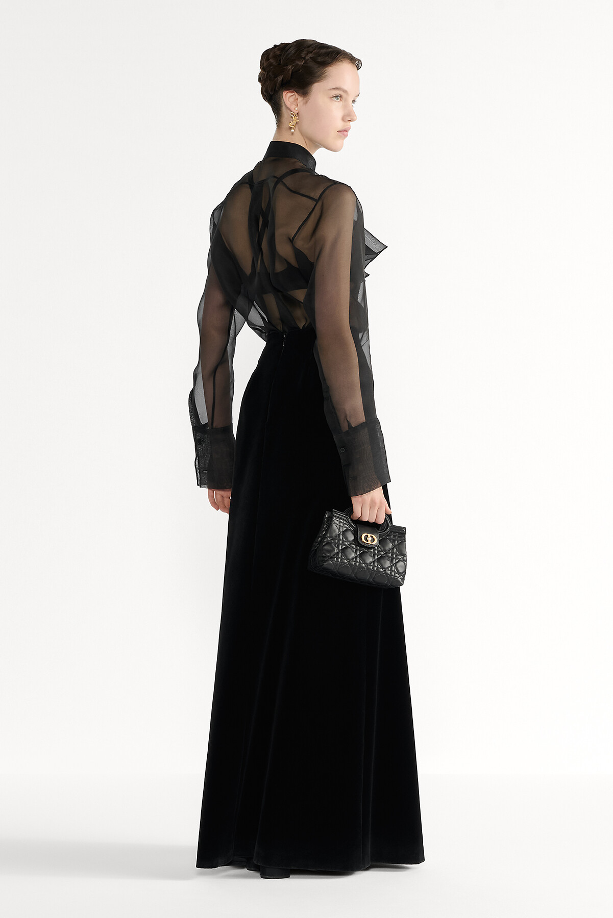 Long Flared Skirt Black Cotton Velvet 