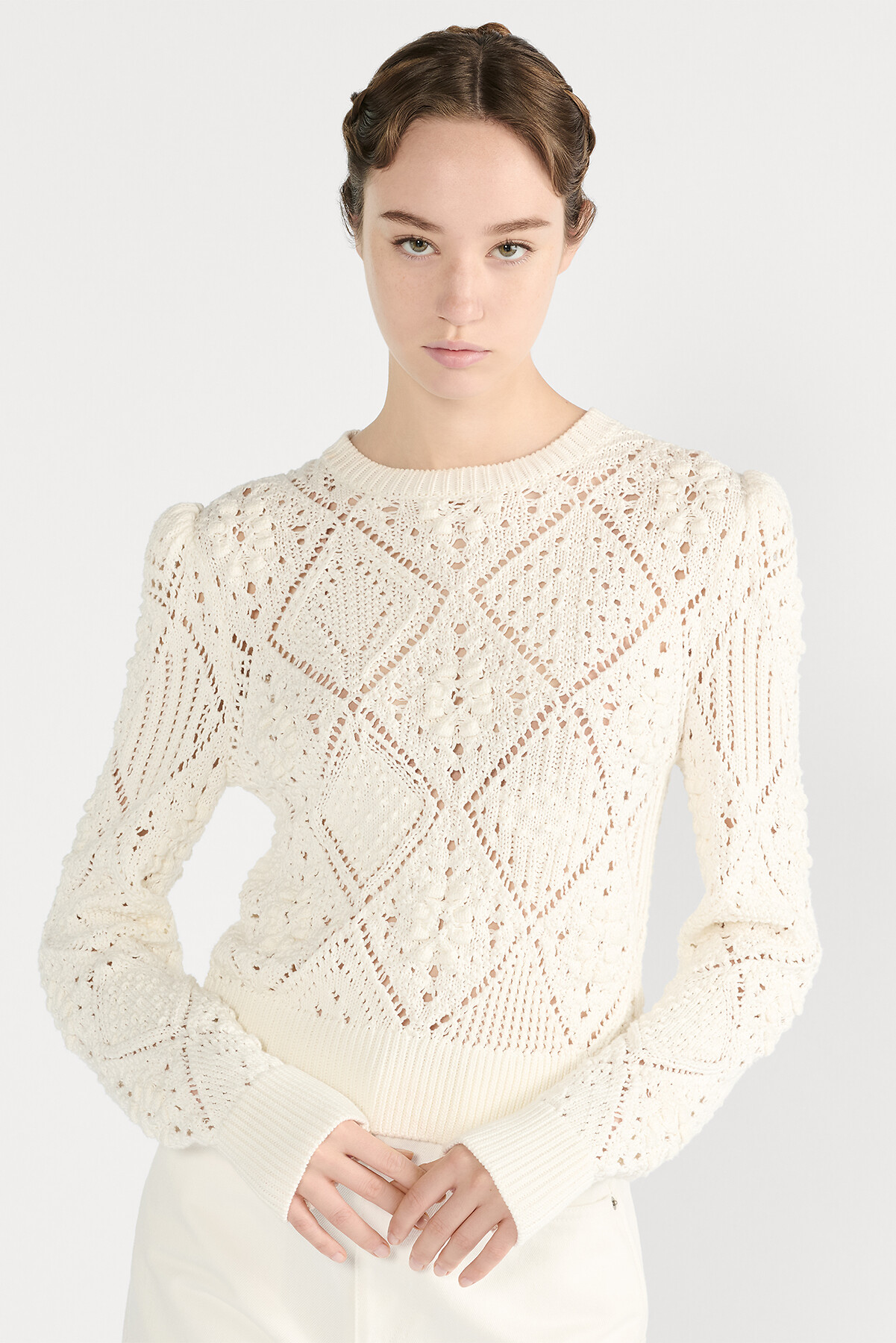 毛衣 白色鏤空棉質針織 