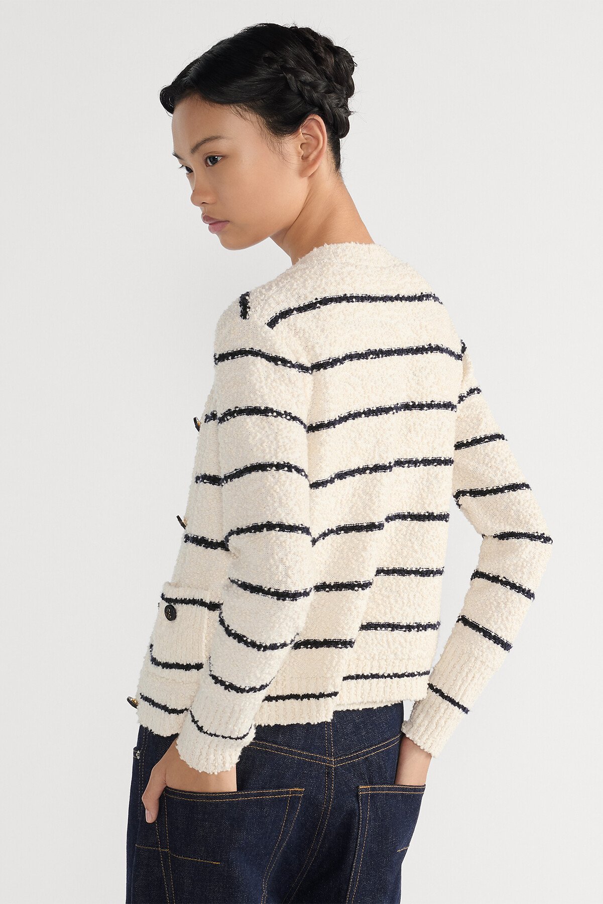 Dior Marinière Twinset White and Navy Blue Cotton-Wool-Blend Bouclé Knit 