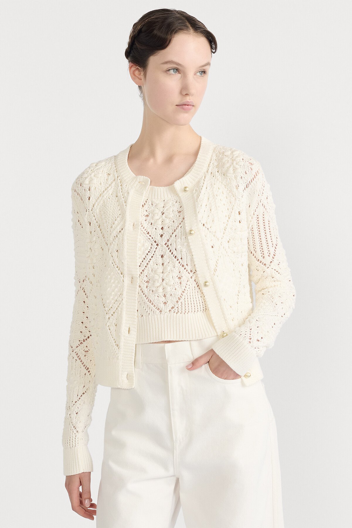 트윈 세트 화이트 오픈워크 코튼 니트 