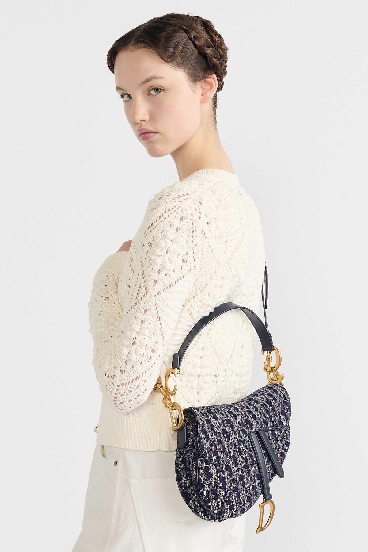 Saddle Bag with Strap Blue and Tobacco Brown Dior Oblique Denim with Contrasting Topstitching 