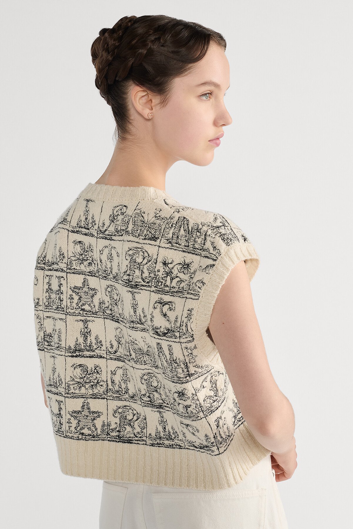 Embroidered Sweater Vest Ecru Wool and Silk Knit with Black Dior Alphabet Motif 