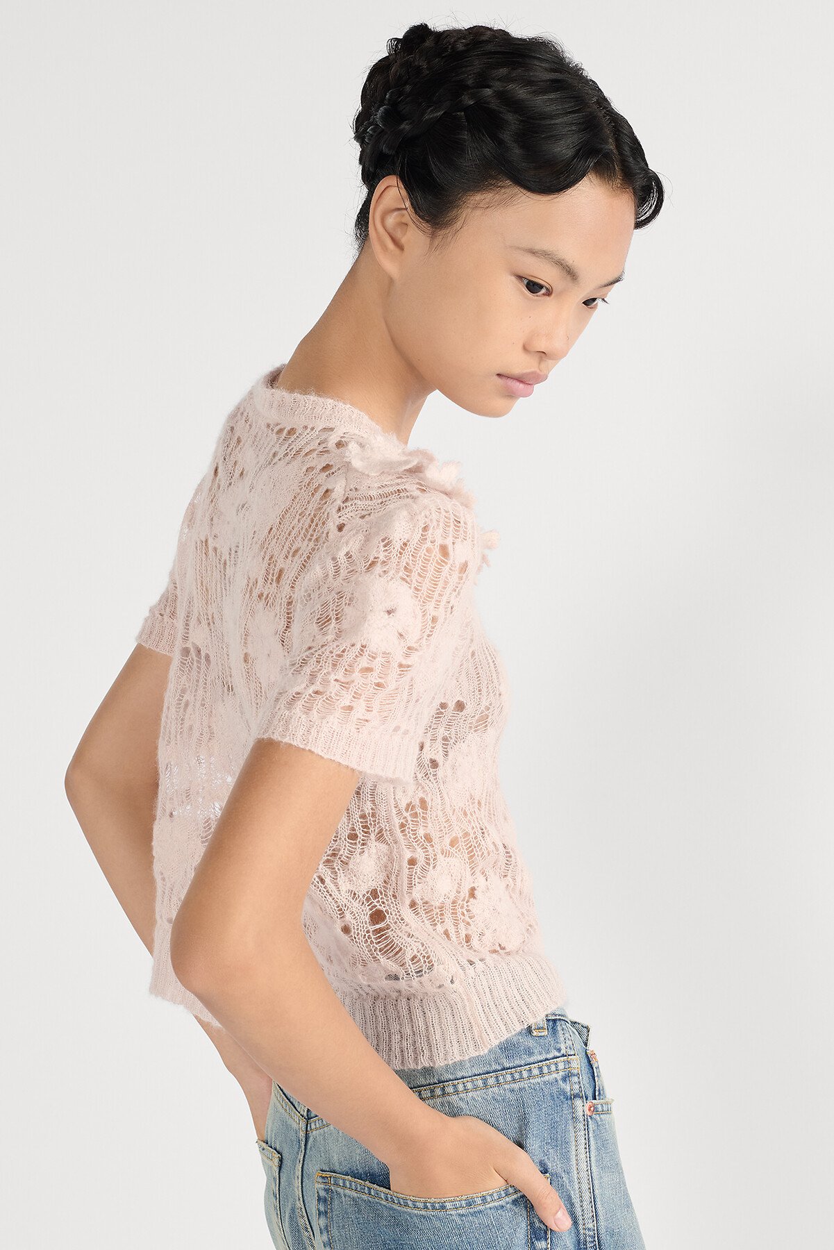 Short-Sleeved Sweater Pink Openwork Silk-Mohair-Alpaca-Blend Knit 