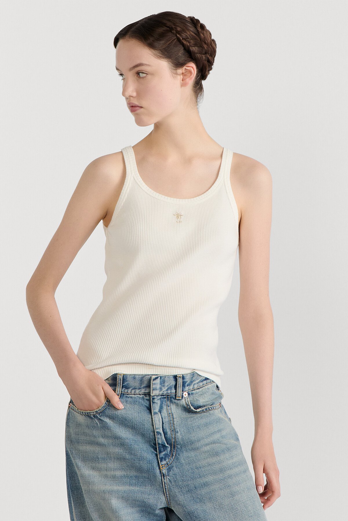 เสื้อกล้าม ผ้าฝ้ายและผ้าลินินเจอร์ซีย์แบบริบสีเอครู