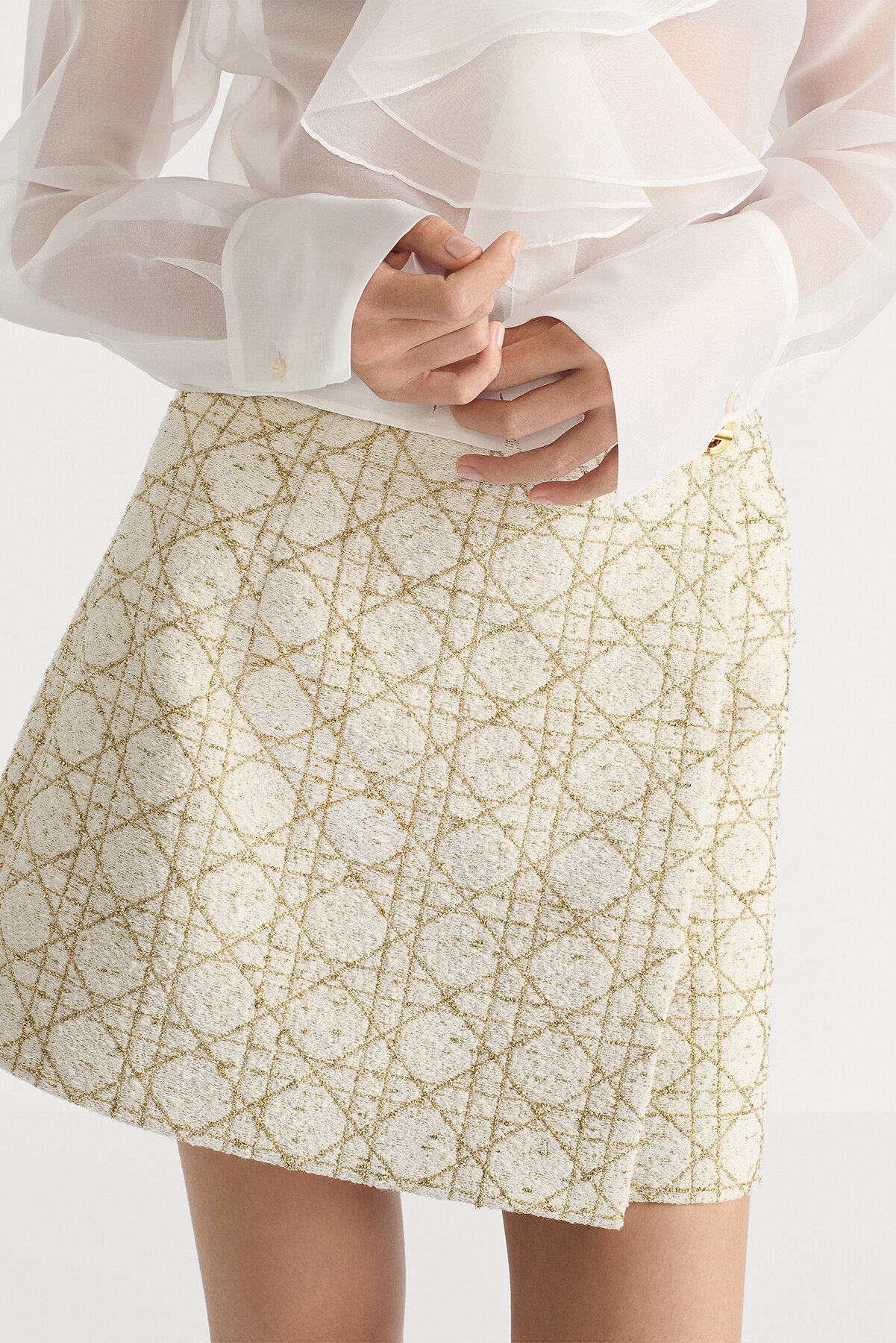 大型藤格紋圖案褲裙 白色和金色色調羊毛混紡斜紋軟呢 