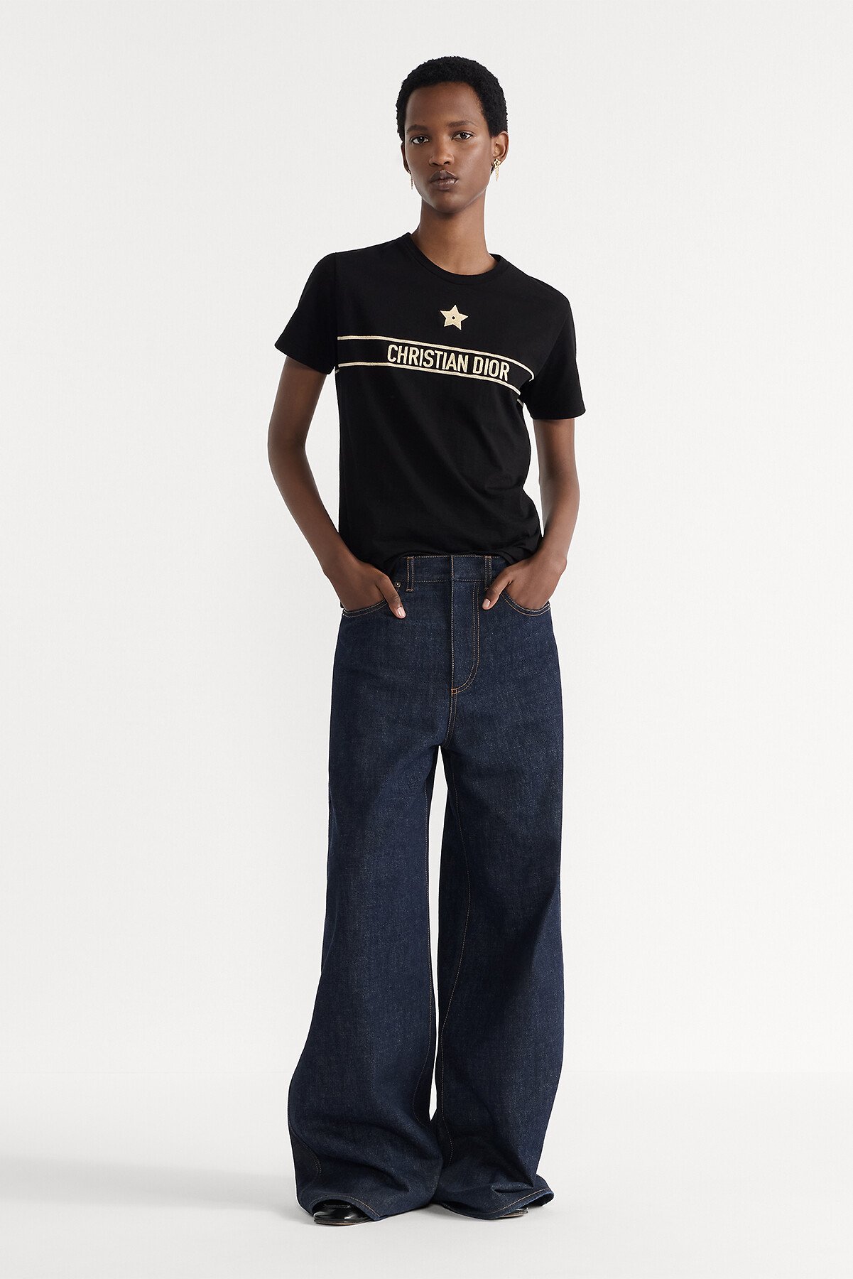 Embroidered T-Shirt Black and Gold-Tone Cotton Jersey 
