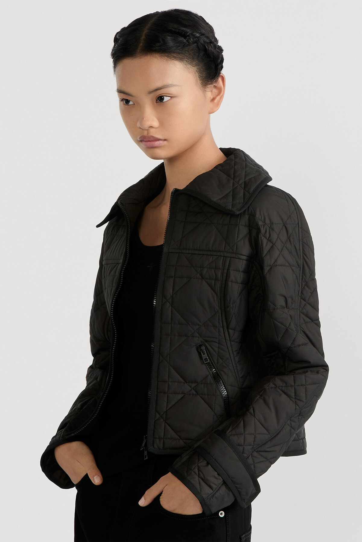 Macrocannage Fitted Jacket Black Quilted Technical Taffeta 
