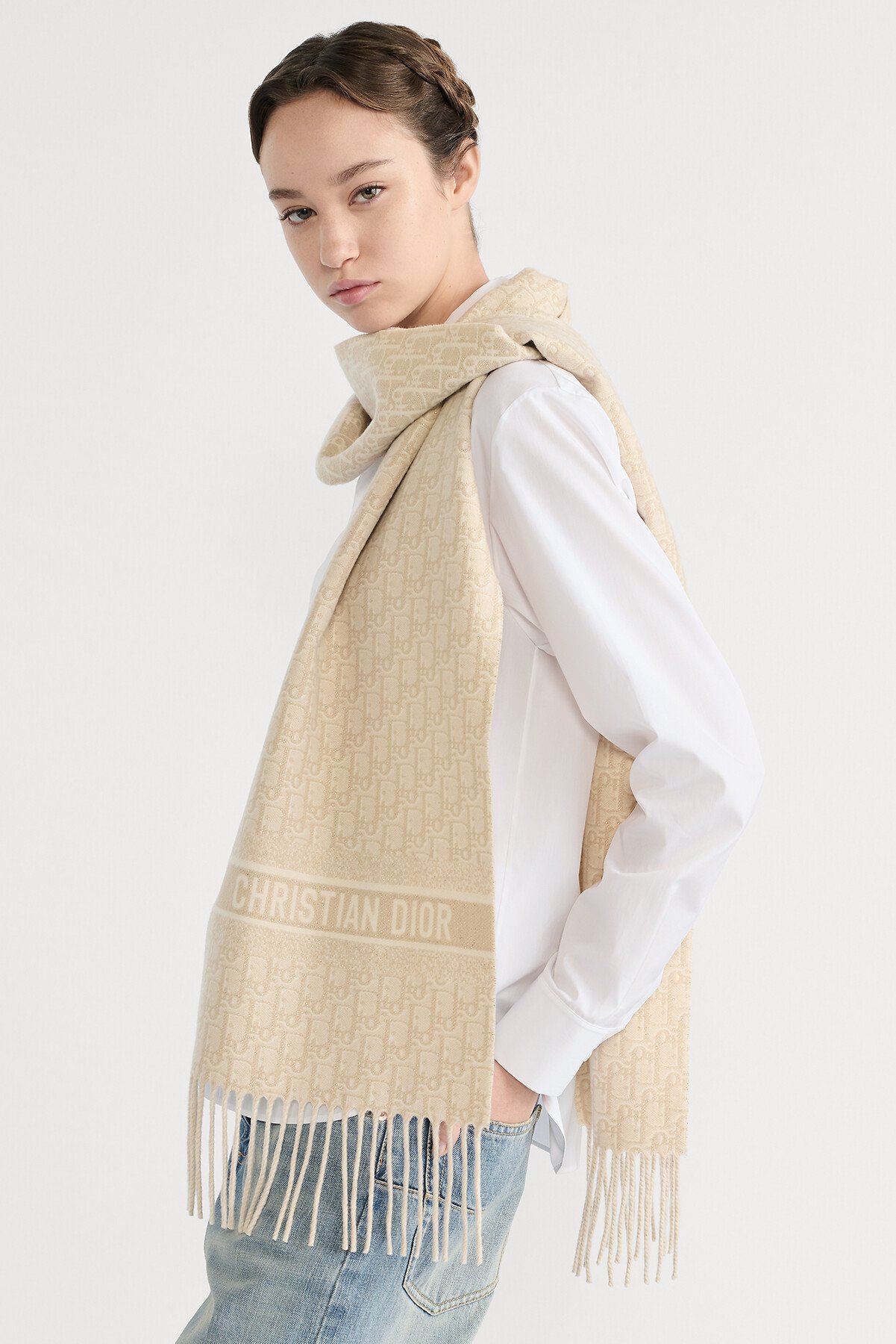 Dior Oblique Natte Scarf Gold-Tone Cashmere Blend and Metallic Thread 