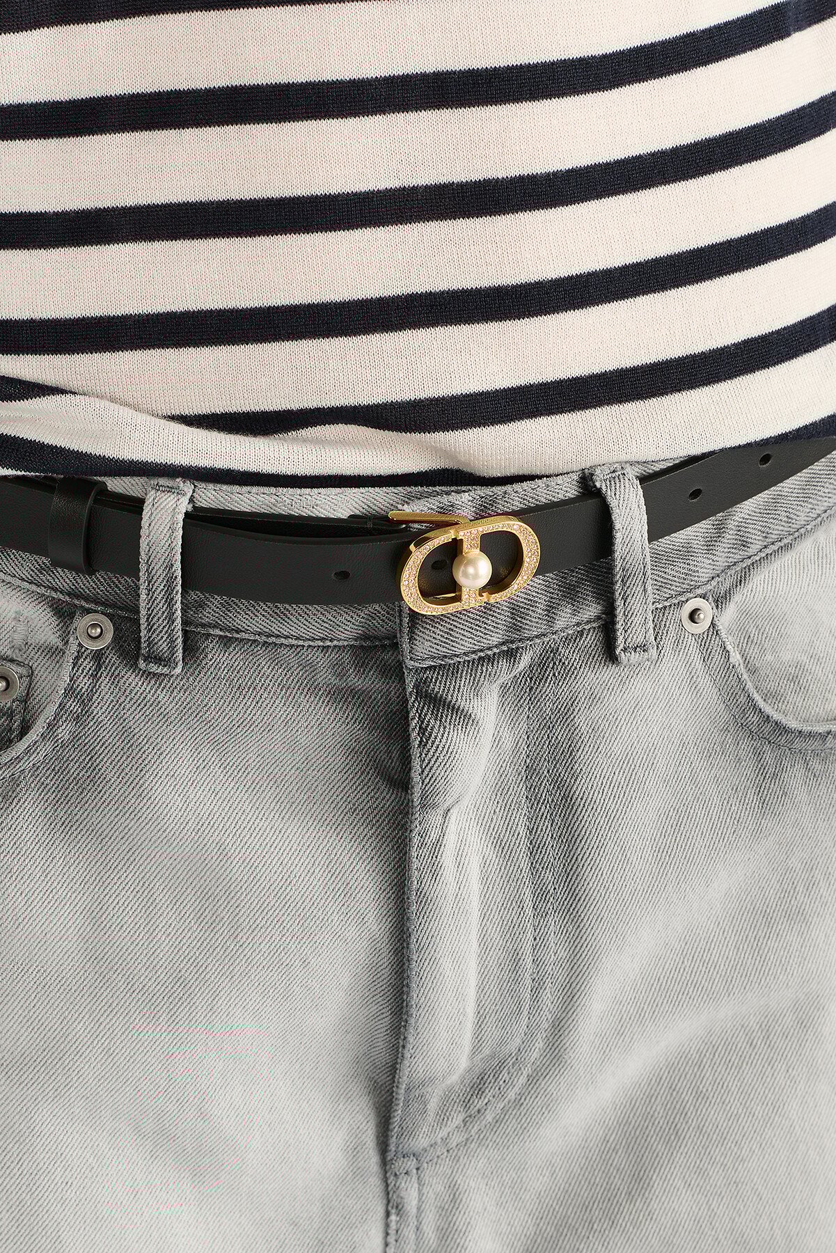 30 Montaigne Jolie 벨트 블랙 스무스 송아지 가죽 & 화이트 레진 진주, 실버 톤 크리스탈 20mm 