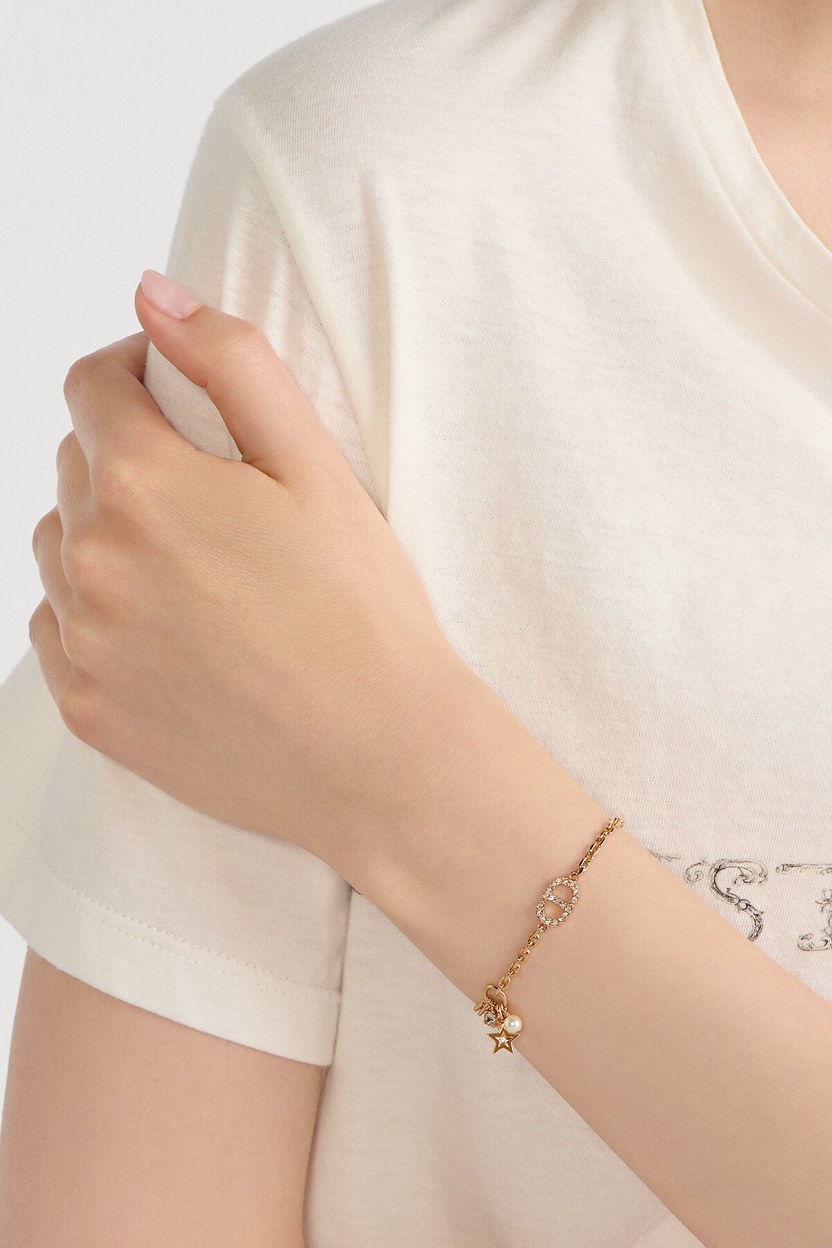 Petit CD Multi Bracelet Gold-Finish Metal, White Resin Pearl and Silver-Tone Crystals 