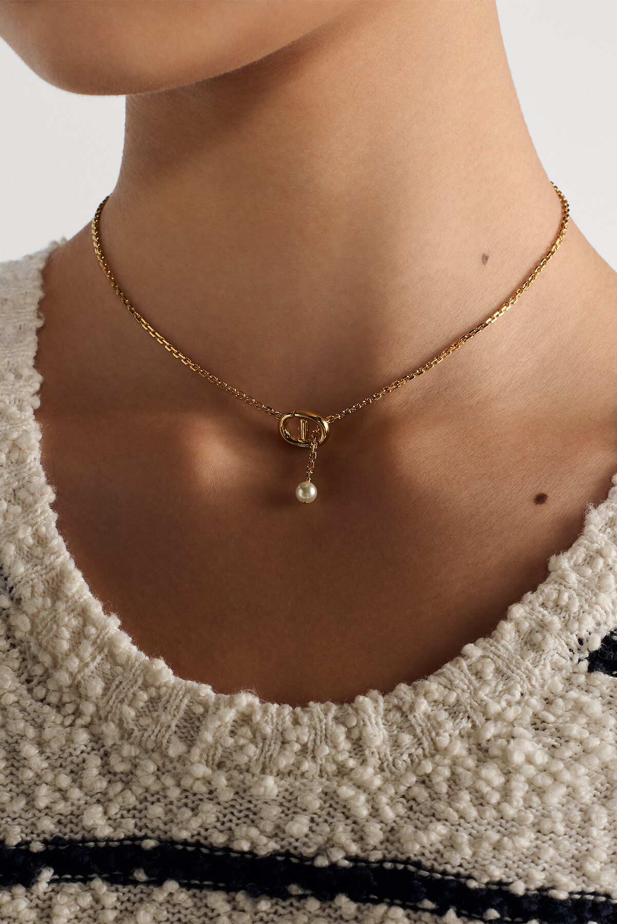 CD Navy Necklace Gold-Finish Metal and White Resin Pearl